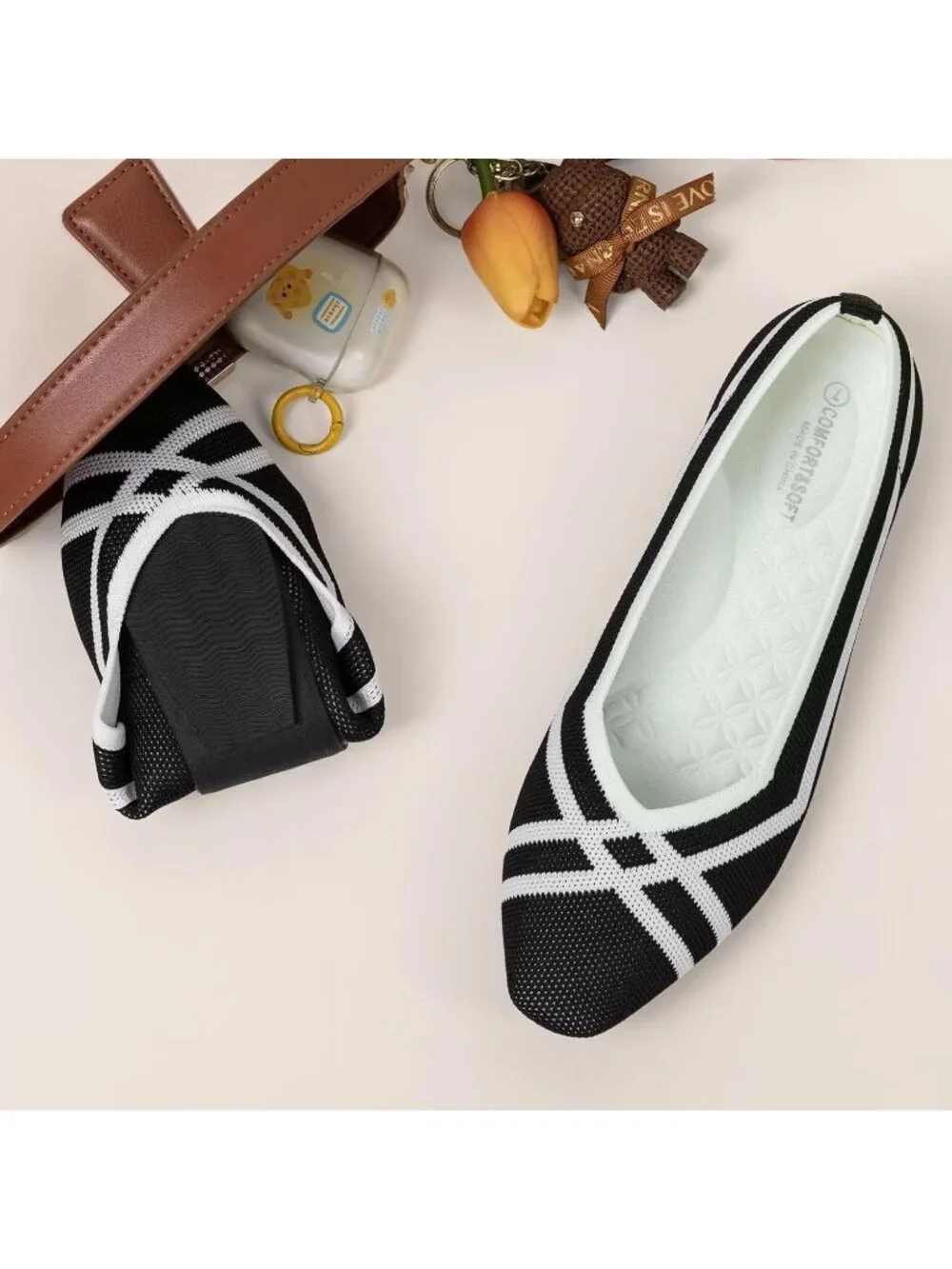 Frank Mully Women's Black White Rubber Knit Square Toe Comfortable Slip On Flats